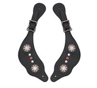 Cosiki Spur Straps, Western Vintage Rhinestone Decorated Adjustable Length PU Leather Metal Spur Straps for Horse Riders, with Metal Buckle for Riding Boots (Black)