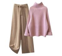 COSKTIARL Knit Two Piece Sets - Women Winter Casual Pink Turtleneck Knitted Sweater And Wide Leg Knitting Pants Suits Women Homewear Set Loungewear,As Shown,L