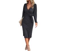 COSKTIARL Sexy Women Knitted Dress - Autumn V Neck Basic Rib Tight Night Dresses Solid Color Midi Bodycon Dress For Women Office, Parties,Style A,L