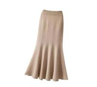 COSKTIARL Women's High Waist Elastic A-Line Skirt - Fall Winter Pleated Warm Knitted Long Skirt for Work Office, Khaki, M