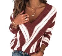 COSKTIARL Womens Long Sleeve Jumpers - Winter Burgundy Thick Warm Knit Sweater Pullover for Women Fall Women Knitwear V Neck Striped Casual Loose Soft Knitted Sweater,As Shown, M
