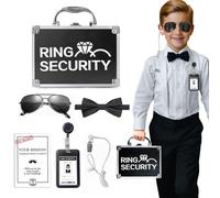 COSLANLEE Ring Bearer Briefcase, Wedding Ceremony Ring Security Box with Padded Slits to Hold Rings, Ring Bearer Proposal Gifts Set with Kids Glass, Earpiece,Badge, BowTie, Mission Card for Boys