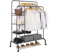 COSLD Clothes Rail, with Wheels Clothes Rack, Multifunctional Clothes Rails for Bedroom, Metal Clothes Hanging Rail, Clothing Rail with Storage Organizer Shelves, Double-Rod With Shelves