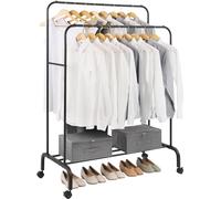 COSLD Double-Rod Clothes Rail, with Wheels Clothes Rack, Multifunctional Clothes Rails for Bedroom, Metal Clothes Hanging Rail, Clothing Rail with Storage Organizer Shelves