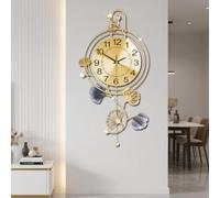 Coslife Elegant Metal Wall Clock with Pendulum and Gold and Gray Leaves, Modern Non-Walking Silent Metal Wall Clock for Living Room, Bedroom, Study, Office