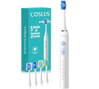 COSLUS C30 Electric Toothbrush for Adults: 3 Intensities & 5 Modes Customized for Effective Yet Gentle Ultra-Clean Feel, 2 Types of Heads for Gentle or Daily Care, White & Blue Button, 1PC