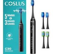 COSLUS C30 Sonic Electric Toothbrush for Adults: Deep Teeth Cleaning & Whitening - 5 Modes & 3 Intensity Levels for Sensitive Teeth & Braces, 2 Types of Brush Heads 2Hours Charge, Black & Black Button