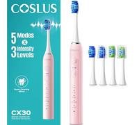 COSLUS Sonic Electric Toothbrush for Adults: Deep Teeth Cleaning & Whitening - 5 Modes & 3 Intensity Levels for Sensitive Teeth & Braces, 2 Types of Brush Heads 2 Hours Fast Charge for Home Family