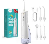 COSLUS Water Flosser for Teeth Cordless: 2 Modes & 10 Levels Irrigador Dental for Orthodontic & Braces & Sensitive Gums - Portable for Adults Teens Travel Home Use with 5 Jet Tips（White）