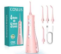 COSLUS Water Flosser for Teeth Cordless: 4 Modes &20 Levels - Portable Irrigador Dental for Health - Conscious Sensitive Users Gums - Travel Home Use with 4 Jet Tips - Pink