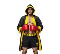 COSMAKER Adult Satin Mens American Flag Boxing Costume Balboa Boxer US Stars and Stripes Hooded Robe with Shorts - - Medium