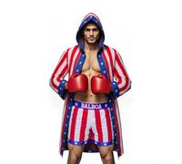 COSMAKER Adult Satin Mens American Flag Boxing Costume Balboa Boxer US Stars and Stripes Hooded Robe with Shorts - - S
