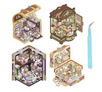 Cosmeria 4 Sets DIY 3D House Sticker Set Type D, 3D Sticker Scene, Creative Stress Relief for Children, Adults, Sticker Therapy, Creative Scene Fun Stacking