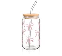 Cosmeria Bow Glass Mug 16 oz with Lid and Straw, Elegant Gift for Best Friend, Decorative Bow Design, Versatile Drinking Glass