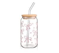 Cosmeria Glass Drinking Cup with Lid and Straw, Elegant 16 oz Bow Cup for Bubble Tea, Coffee or Cocktail, Versatile and Stylish Drinking Glass