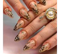 Cosmeria Golden Glue-On Artificial Nails, 24 pcs. Short Almond Shape, Reusable ABS Fingernails, Perfect For Parties And Festive Occasions