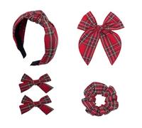 Cosmeria Plaid Hair Bows Set - 4-Piece Set with Uniform Checked Headband, Hair Bows and Hair Bobbles for Various Hairstyles and Occasions, red, L