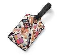 Cosmetic and Makeup Theme Pattern Luggage Tags, Durable PU Leather Luggage Name Suitcase Tags with Information Card, Secure Strap ID Labels for Baggage Travel Essentials for Men Women