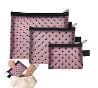Cosmetic Bag 3 Piece Zippered Mesh Heart Print Storage | Aesthetic Portable Pouch Purse Toiletry Bag for Gym School College Work Girls Women Office Home