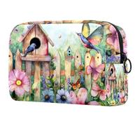Cosmetic Bag Garden Scene Birdhouses Butterfly Flowers Travel Toiletry Bag Makeup Organizer Case for Women