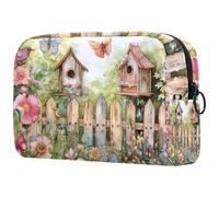 Cosmetic Bag Garden Scene Birdhouses Butterfly Flowers Travel Toiletry Bag Makeup Organizer Case for Women