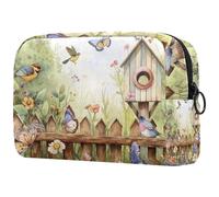 Cosmetic Bag Garden Scene Birdhouses Butterfly Flowers Travel Toiletry Bag Makeup Organizer Case for Women
