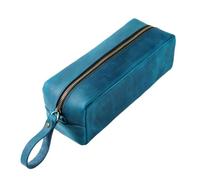 Cosmetic Bag Layer Cowhide Bag Square Retro Crazy Horse Leather Zipper Simple Large-Capacity Case(Blue)