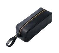 Cosmetic Bag Layer Cowhide Bag Square Retro Crazy Horse Leather Zipper Simple Large-Capacity Case(Black)