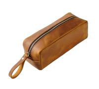 Cosmetic Bag Layer Cowhide Bag Square Retro Crazy Horse Leather Zipper Simple Large-Capacity Case(Brown)
