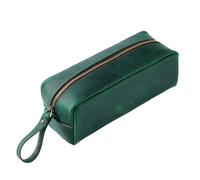 Cosmetic Bag Layer Cowhide Bag Square Retro Crazy Horse Leather Zipper Simple Large-Capacity Case(Green)