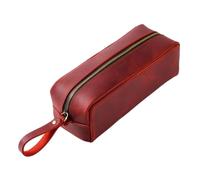 Cosmetic Bag Layer Cowhide Bag Square Retro Crazy Horse Leather Zipper Simple Large-Capacity Case(Red)