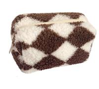 Cosmetic Bag,Makeup Bag,Makeup Pouch,Makeup Organizer,Terry Cloth Small Makeup Bag, Checkered Plush Cosmetic Asthetic Plaid Handbags, Cute Zipper Travel Toiletry Soft Storage Pouch(Brown)