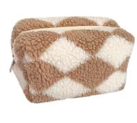 Cosmetic Bag,Makeup Bag,Makeup Pouch,Makeup Organizer,Terry Cloth Small Makeup Bag, Checkered Plush Cosmetic Asthetic Plaid Handbags, Cute Zipper Travel Toiletry Soft Storage Pouch(Khaki)