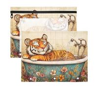 Cosmetic Bag Portable 3 Hole Pocket for A4 Paper Letter 2 Pack Students School Supplies Funny Tigers Vintage Bathtub