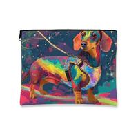 Cosmetic Bag, Vibrant Galaxy Dachshund Print Makeup Pouch for Women, Portable Small Canvas Zipper Organizer, Ideal for Travel, Gift for Animal Lovers, Vibrant, 7x9 Inch, Dachshund
