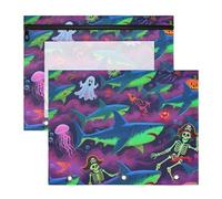 Cosmetic Bag with 3 Reinforced Grommets Storage Bag for 3 Rings Binder 2 Pack Teacher Storing School Students Teacher Supplies Happy Halloween Blue Shark Skull