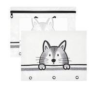 Cosmetic Bag with Zipper Plastic File Folder for 3 Rings Binder 2 Pack Students Home Minimalist Stick Figure Cat White