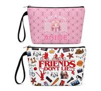 Cosmetic Bags 2 Pack - 24x18x4cm Canvas Makeup Pouch Set, Stranger Things Inspired Travel Toiletry Bag for Women, Gift for Fans (Pink + White)