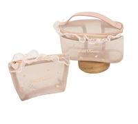 Cosmetic Bags Heart Pattern Makeup Bag Set Mesh Fabric Love Heart Embroidery and Lace Trim Large Capacity Makeup Storage Bag with Zip(Rose)