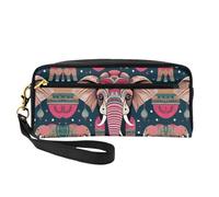 Cosmetic Makeup Bag – Bohemian Elephant Pattern Print Leather Small Makeup Bag for Travel, Toiletry Organizer with Zipper Pouch, Black, One Size