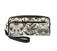 Cosmetic Makeup Bag â€“ Floral Herbs Botanical Pattern Print Leather Small Makeup Bag for Travel, Toiletry Organizer with Zipper Pouch, Black, One Size, Black, One Size
