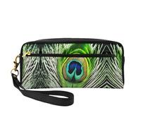 Cosmetic Makeup Bag â€“ Green Peacock Feather Print Leather Small Makeup Bag for Travel, Toiletry Organizer with Zipper Pouch, Black, One Size