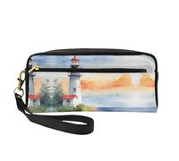 Cosmetic Makeup Bag â€“ Lighthouse Print Leather Small Makeup Bag for Travel, Toiletry Organizer with Zipper Pouch, Black, One Size, Black, One Size