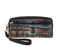 Cosmetic Makeup Bag â€“ New York Manhattan Bridge Night Print Leather Small Makeup Bag for Travel, Toiletry Organizer with Zipper Pouch, Black, One Size, Black, One Size