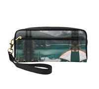 Cosmetic Makeup Bag – Serenity Lake Camping Print Leather Small Makeup Bag for Travel, Toiletry Organizer with Zipper Pouch, Black, One Size