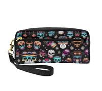 Cosmetic Makeup Bag â€“ Sugar and Skulls Style Print Leather Small Makeup Bag for Travel, Toiletry Organizer with Zipper Pouch, Black, One Size, Black, One Size