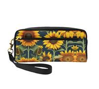 Cosmetic Makeup Bag â€“ Wild Flower Sunflower Print Leather Small Makeup Bag for Travel, Toiletry Organizer with Zipper Pouch, Black, One Size, Black, One Size