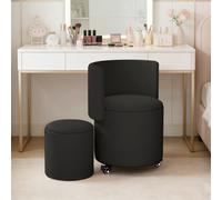 Cosmetic Rolling Chair with Sto, Swivel Makeup Chair with Foldable Backrest, PU Leather Padded Stool for Bedroom and Living Room Use.