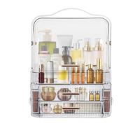 Cosmetic Storage Box, Clear Double-Door Makeup Organizer with 2 Drawers, Large Makeup Organiser with Portable Handle, Waterproof Dustproof, for Dorm,Bathroom,Dresser Storage