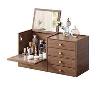 Cosmetic Storage Organizer Wooden Makeup Organizer with 4 Drawers and Built-in Mirror, Sturdy Solid Wood Storage Box for Makeup, Accessories, Jewelry and More, Compact Dressing Table Organizer Counter